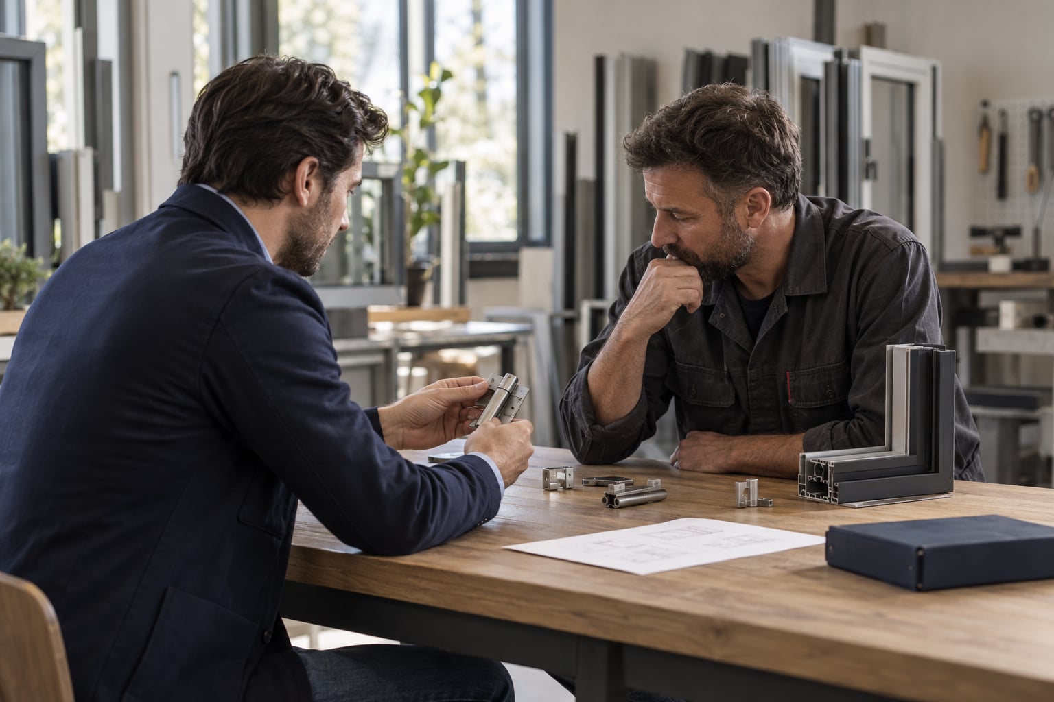 Scena illustrativa di confronto tra un agente e un professionista sui prodotti per serramenti